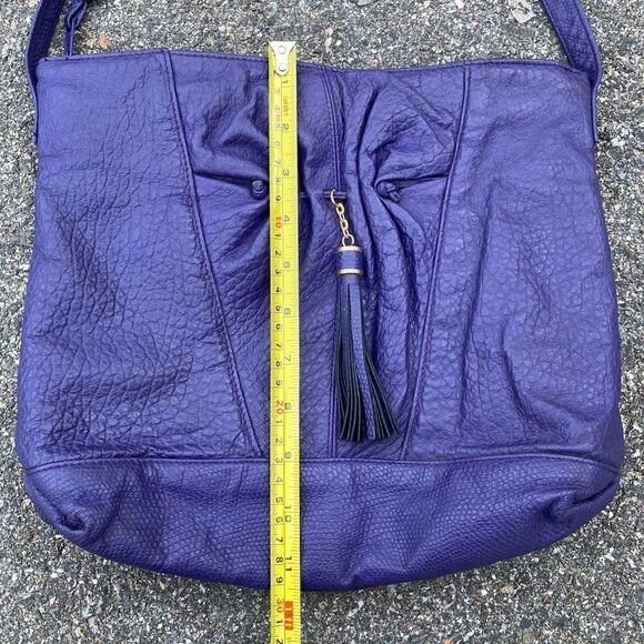 Empress, Vintage Purple Embossed Leather Shoulder Bag, Ruching & Tassel Accent - Picture 5 of 15